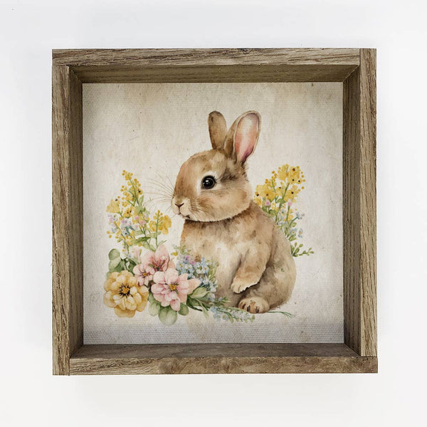 Vintage Bunny Flowers - Spring Time Bunny - Wood Framed Art