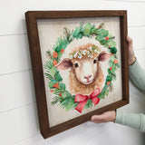 Christmas Wreath Sheep - Cute Holiday Animal - Framed Decor