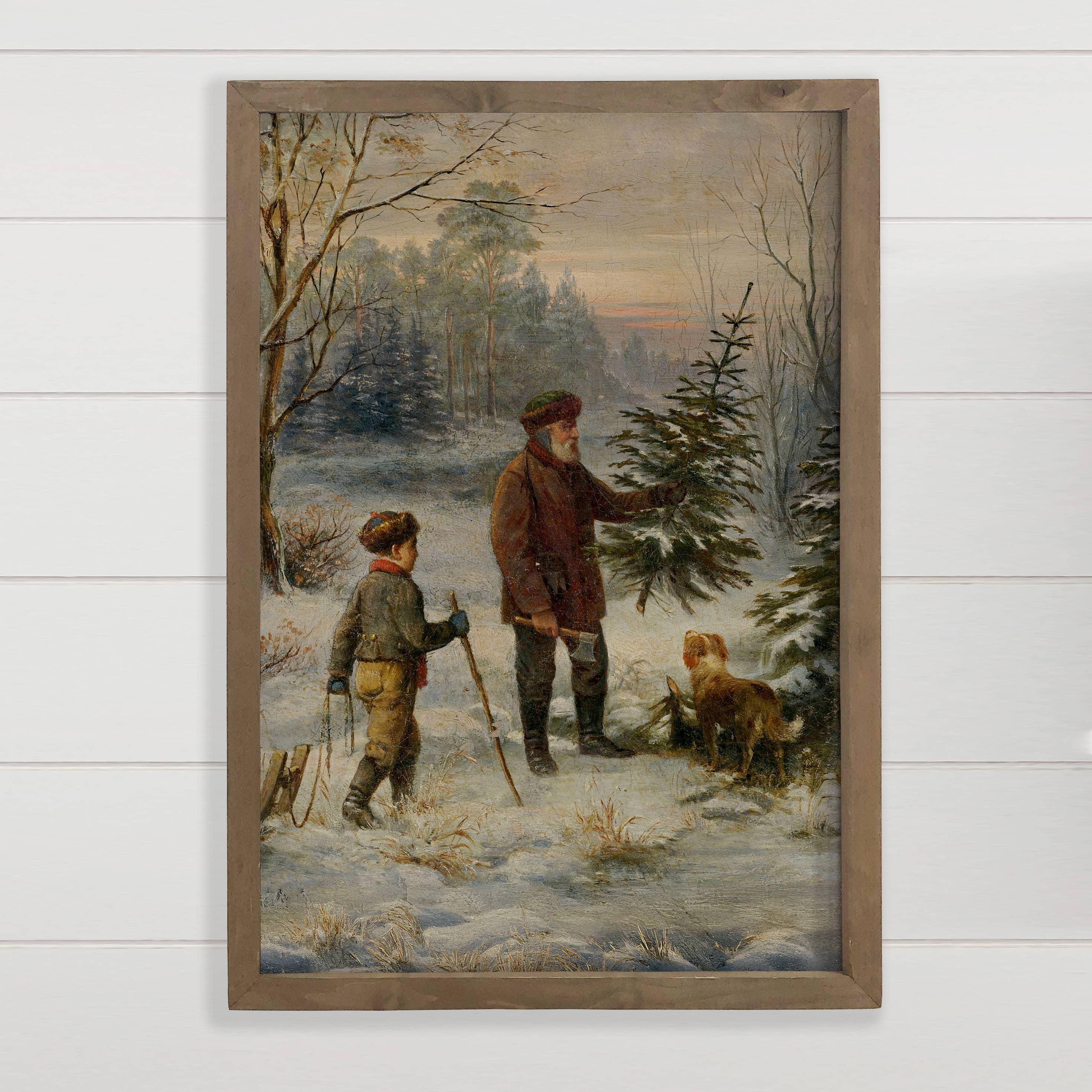 Father and Son Cut Christmas Tree - Vintage Holiday Wall Art