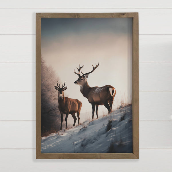 Pair of Deer - Framed Animal Canvas Art - Cabin Wall Decor