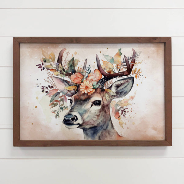 Deer Adorned with Flowers - Framed Animal Painting - Cabin