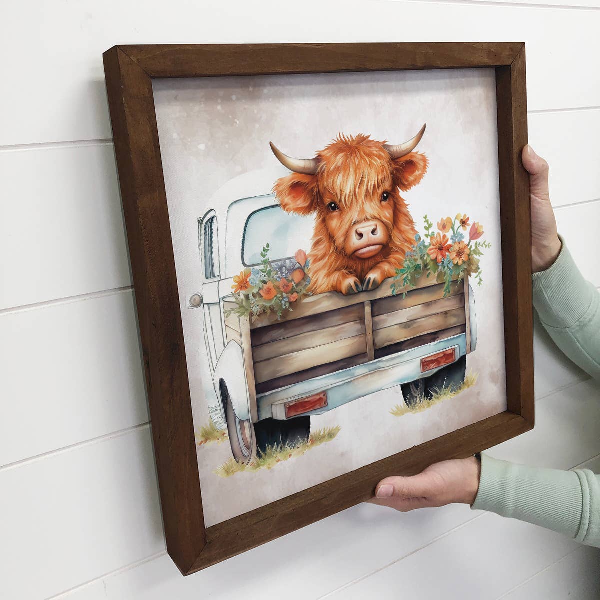 Highland Cow and Flowers in Truck - Cute Farm Animal Art