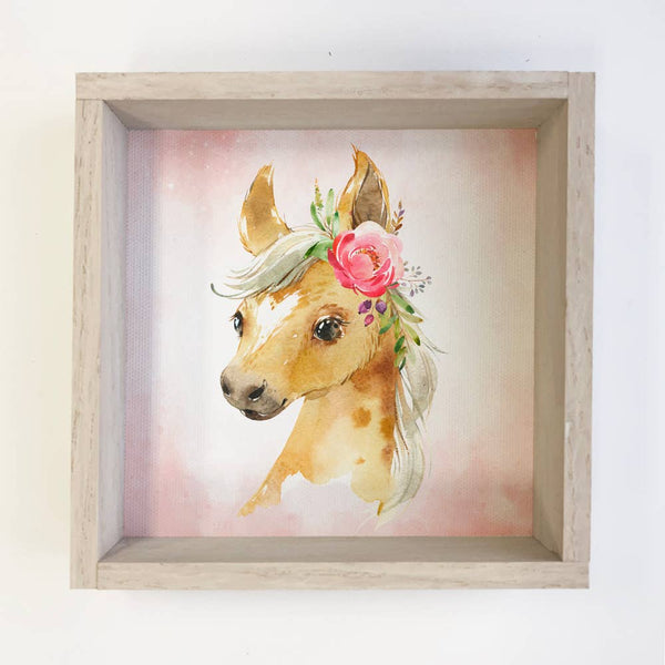 Little Girl Horse Watercolor Small Whitewash Framed Decor