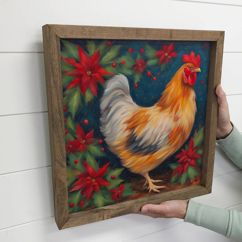 Chicken Pointsettias - Holiday Farm Animal Art - Farmhouse
