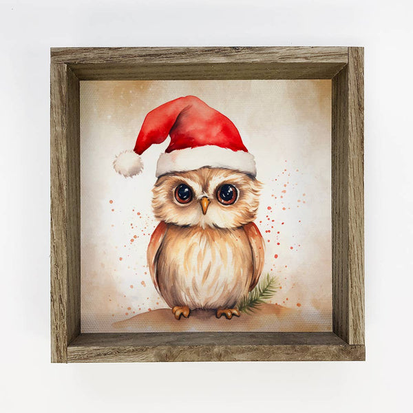 Owl Santa Hat - Cute Holiday Animal Canvas Art - Wood Framed