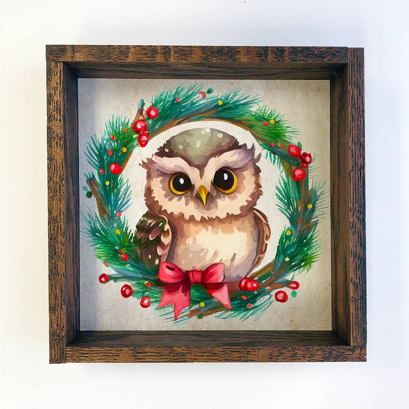 Christmas Wreath Owl - Cute Holiday Animal - Framed Wall Art