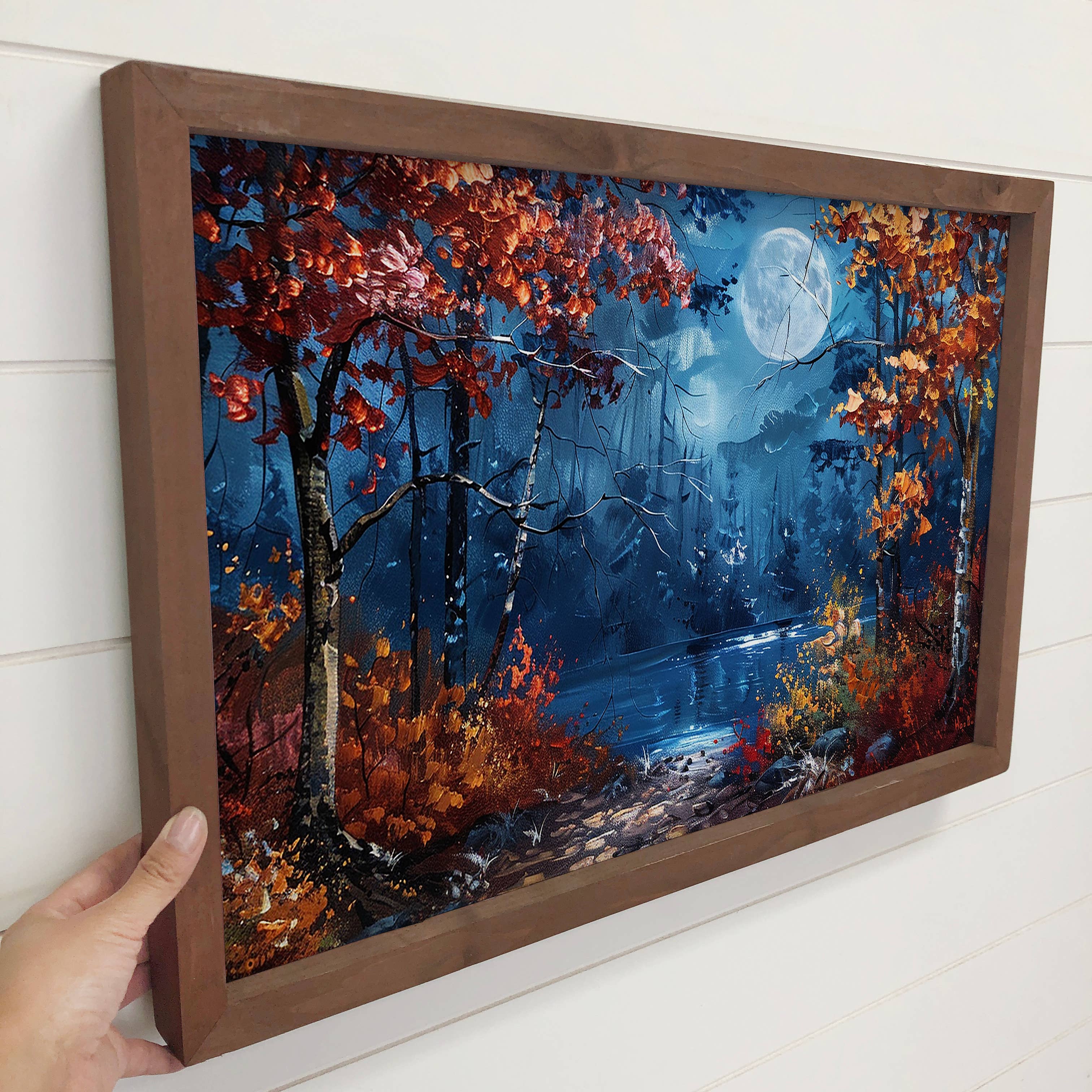 Autumn Lake Trees with Moon - Cabin Wall Art- Wood Framed