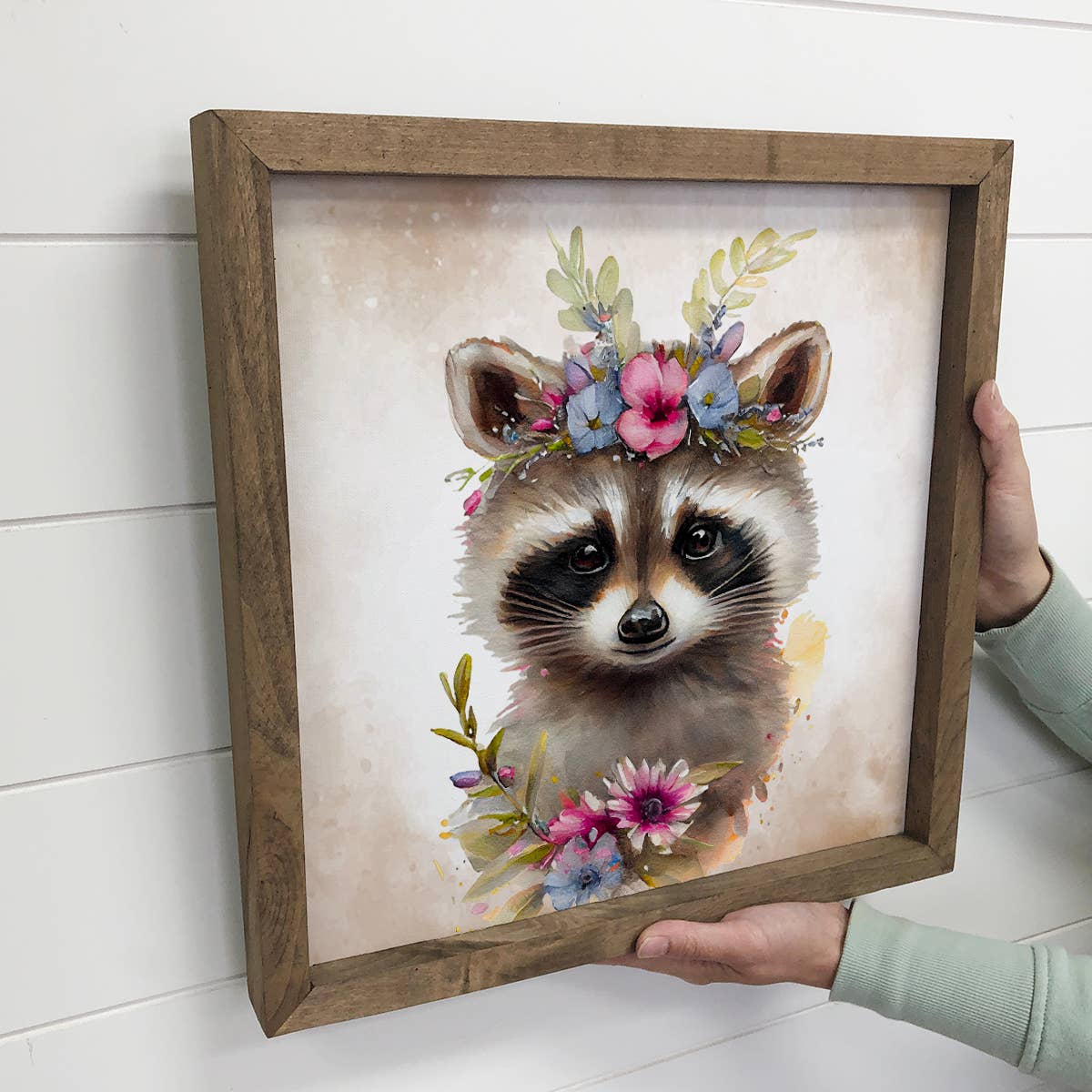 Cute Flower Raccoon-Nursery Wall Art with Rustic Wood Frame