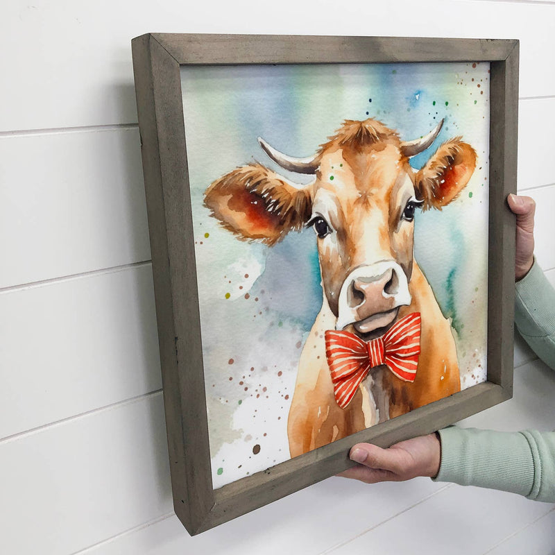 Cow with Bowtie - Framed Animal Wall Art - Farmhouse Decor