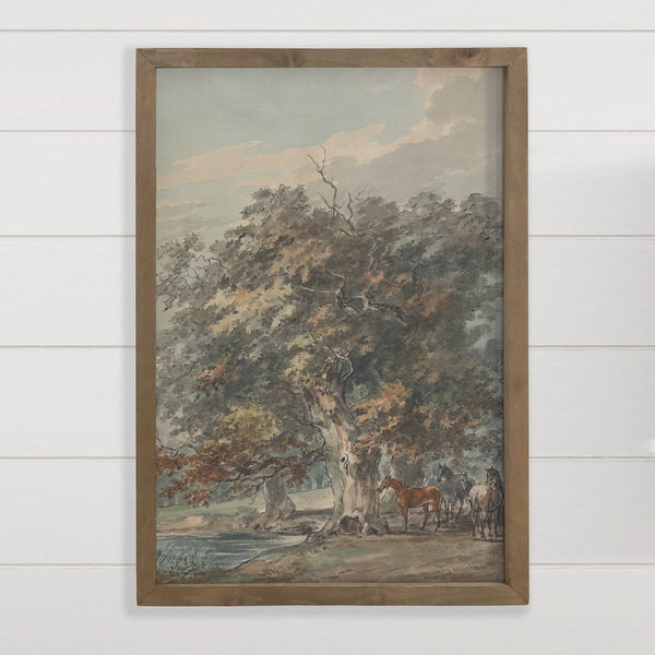 Horses by The Oak Tree - Nature Landscape Canvas Art