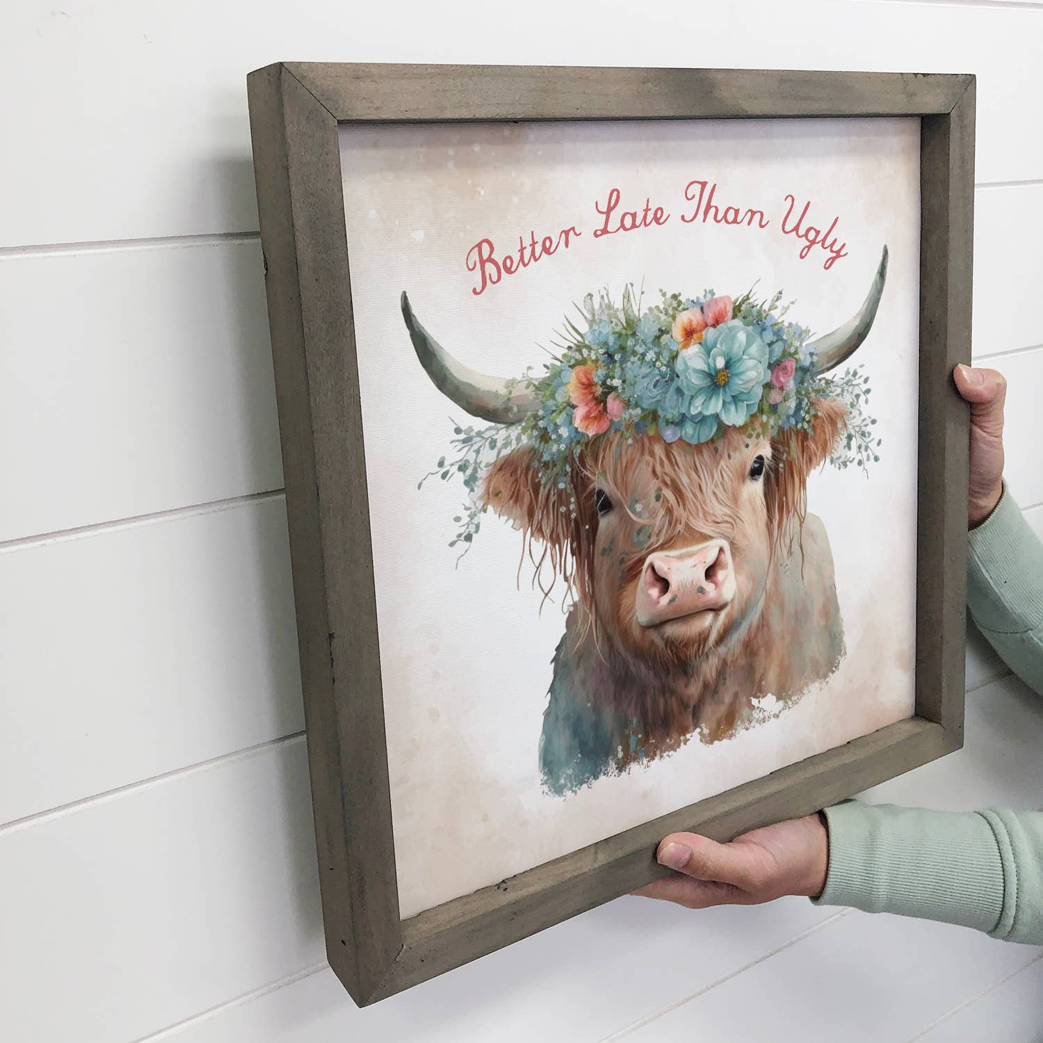 Better Late Than Ugly Highland Cow Funny Bathroom Wood Sign