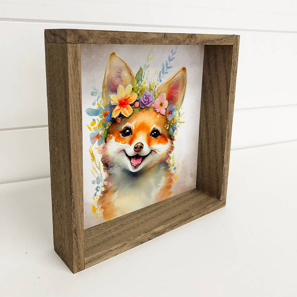 Cute Flower Fox - Nursery Art with Wood Frame