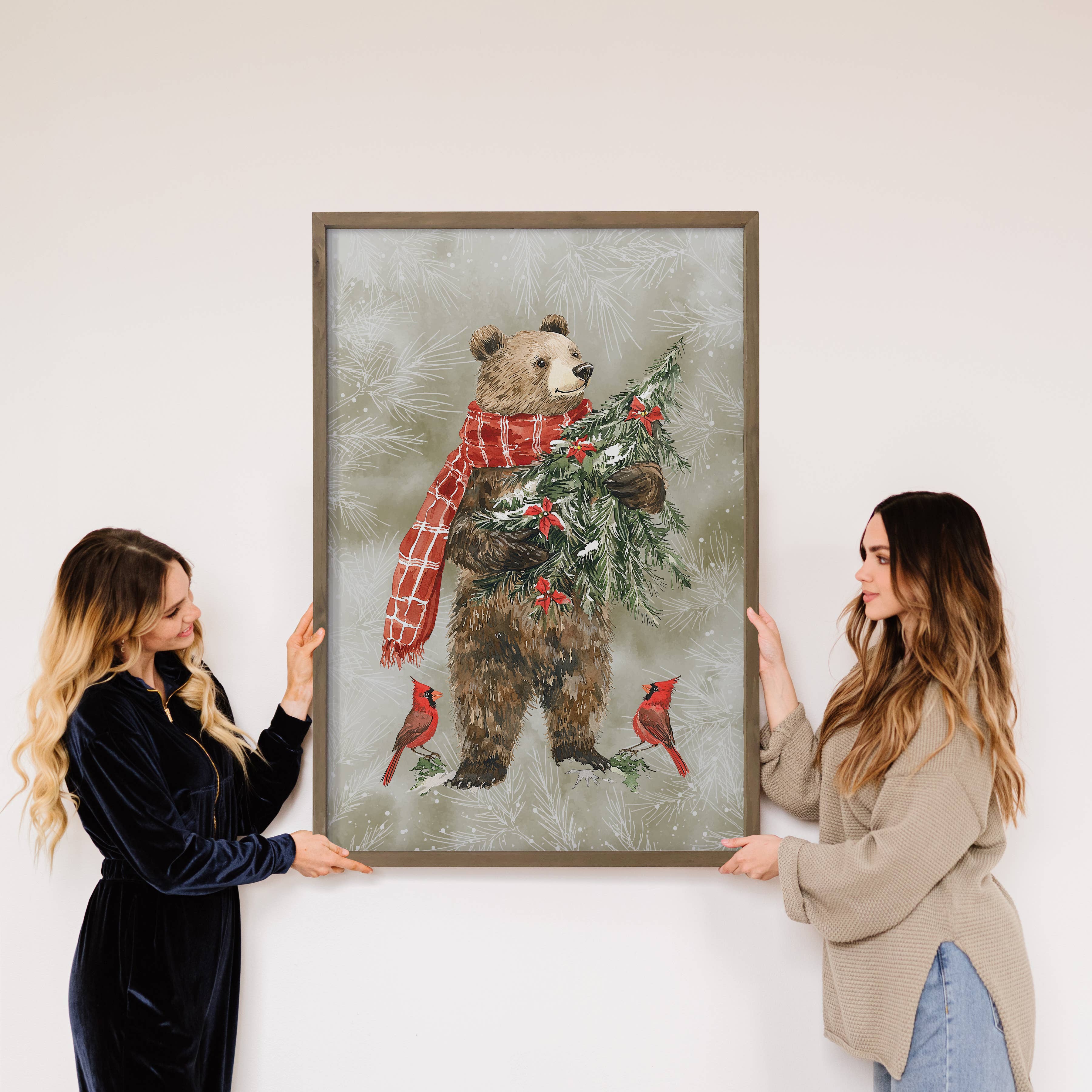 Bear Carrying Christmas Tree - Animal Holiday Canvas Art