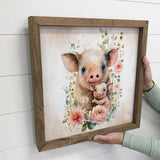 Mama and Baby Pig Watercolor Flowers Canvas & Wood Sign Art