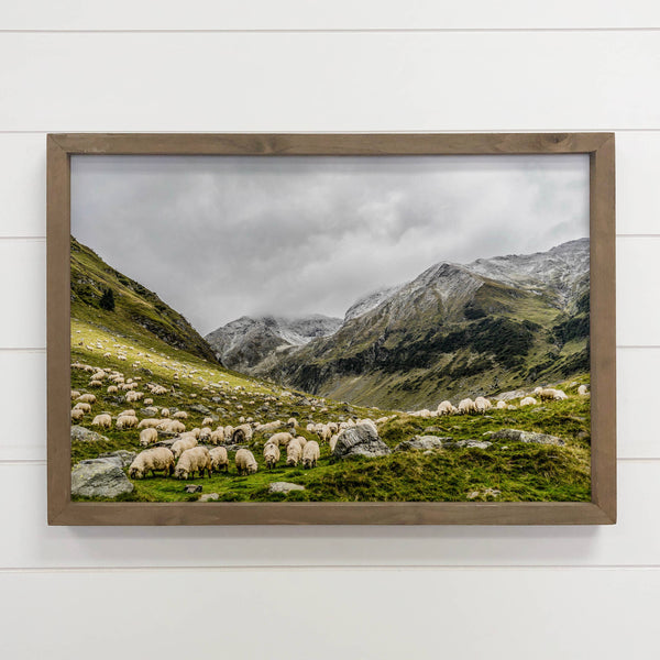 Grazing Sheep in the Mountain - Framed Animal Art -Cabin Art