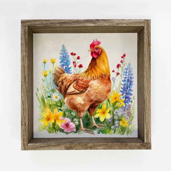 Spring Chicken Yellow Flowers - Chicken Canvas Art - Framed