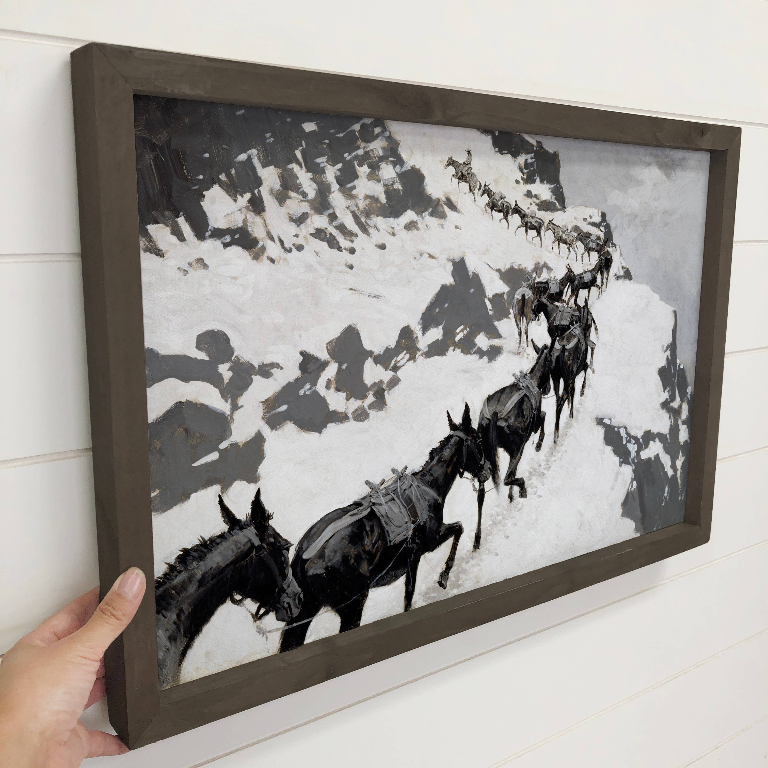 Mule Pack on Snowy Mountain - Cabin Canvas Art - Wood Framed