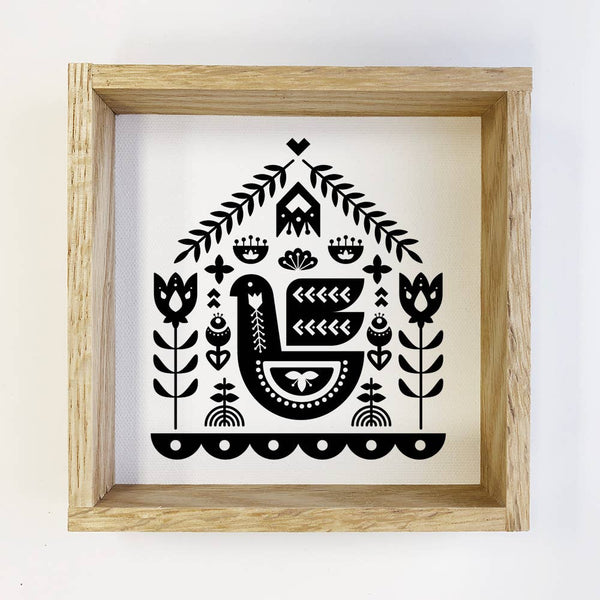 Folk Art- Black and White Bird House- Small Canvas and Frame