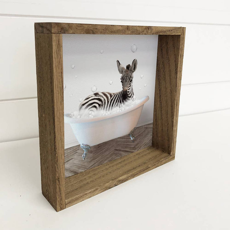 Zebra in a Bathtub Wood Framed Sign - Funny Kids Animal Art