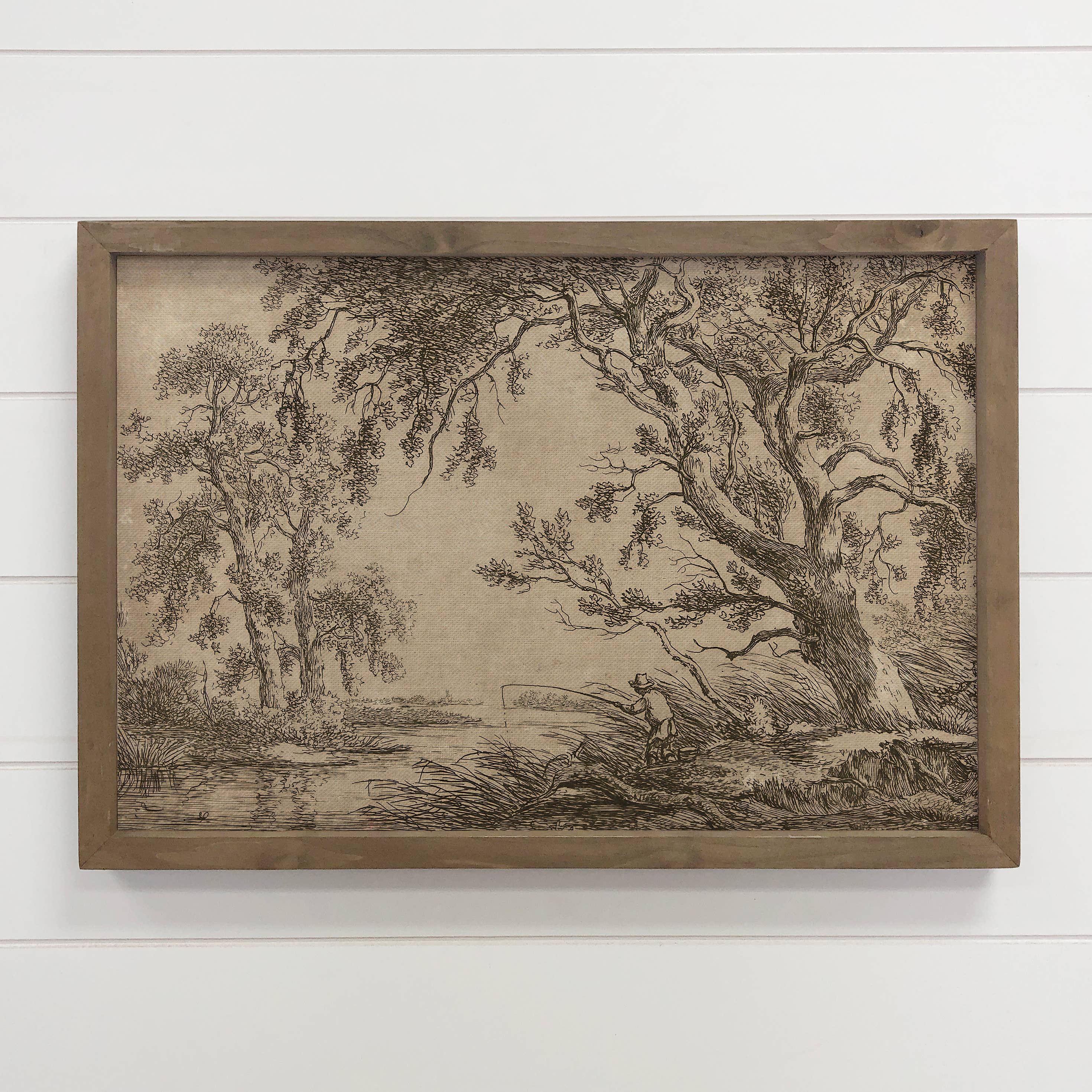 Fisherman Under the Trees - Nature Sketch Canvas Art