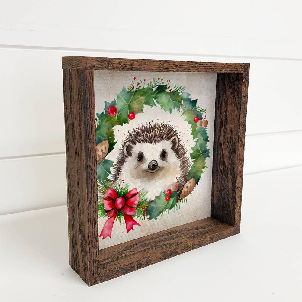 Christmas Wreath Hedgehog - Cute Holiday Animal - Framed Art