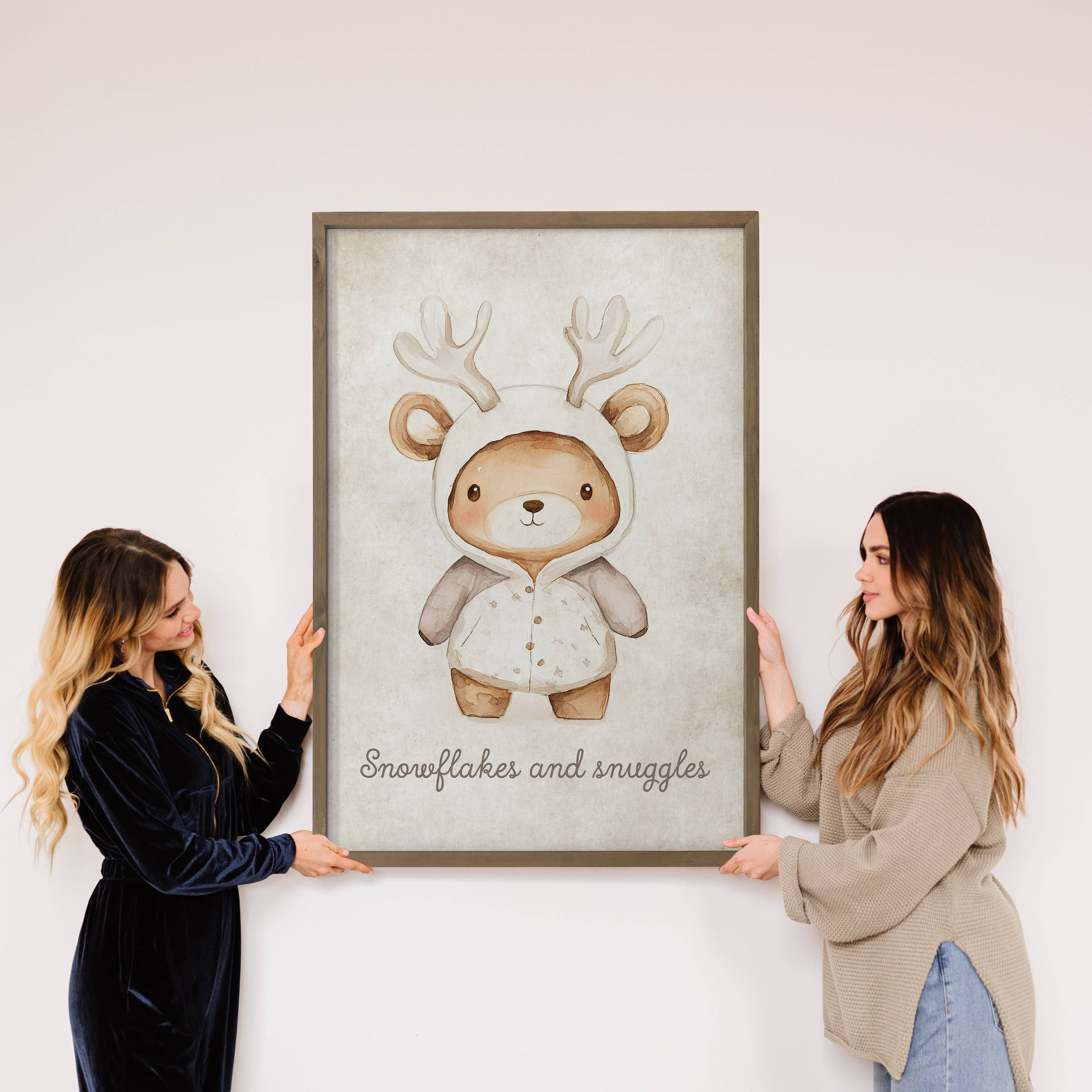 Bear Antlers Snowflake and Snuggles - Cute Bear Canvas Art