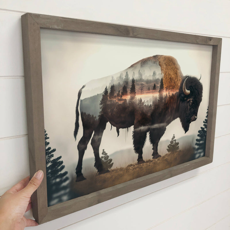 Bison Trees Double Exposure -Wood Framed Wildlife Canvas Art