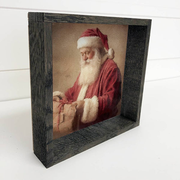 Vintage Santa Wrapping Presents - Rustic Holiday Canvas Art