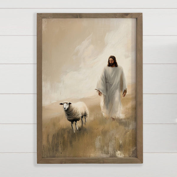 Jesus Walking with Lost Sheep - Jesus Canvas Art - Framed