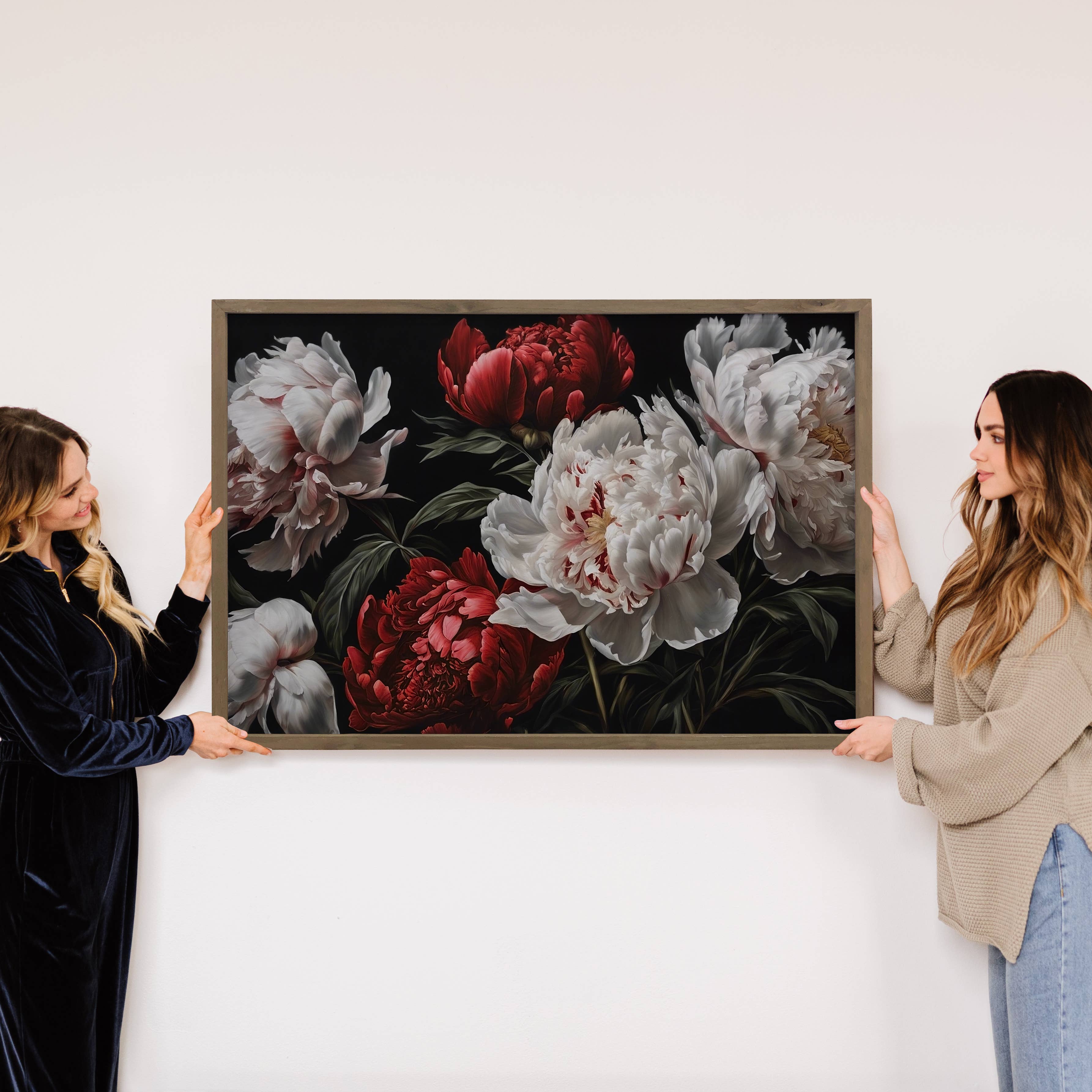 White Red Peonies Dark - Peony Canvas Art - Wood Framed Art