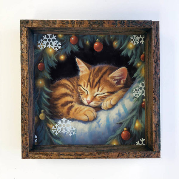 Cat Sleeping on Christmas - Cute Holiday Animal - Framed Art