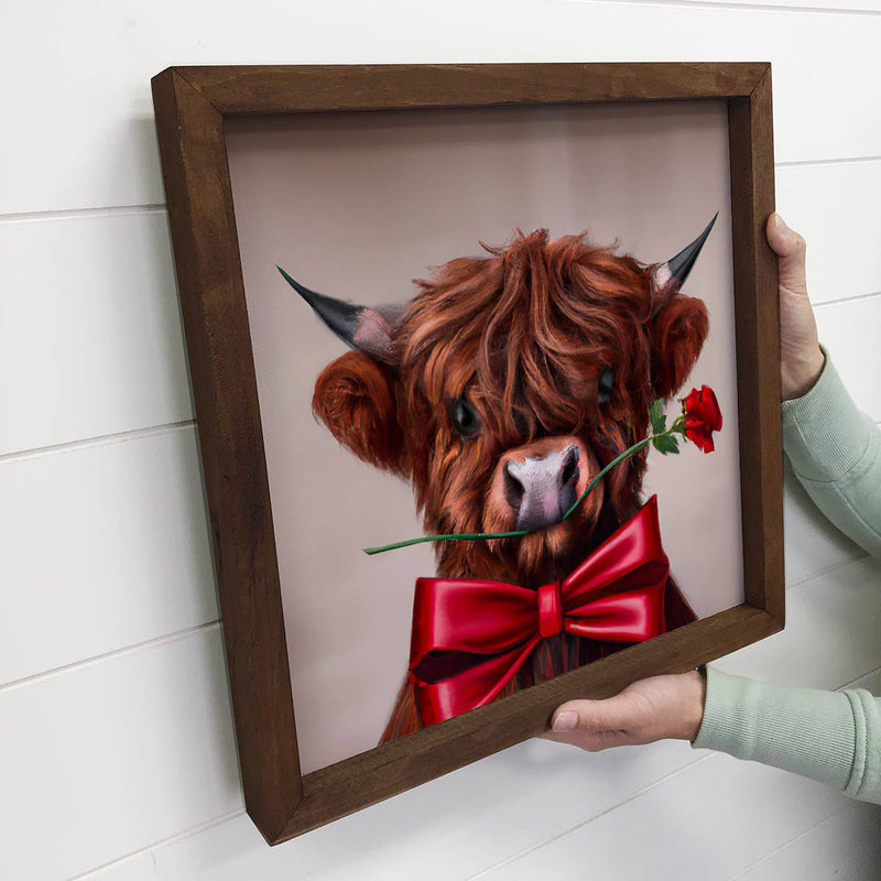 Valentines Cow Art Sign - Highland Bull with a Rose
