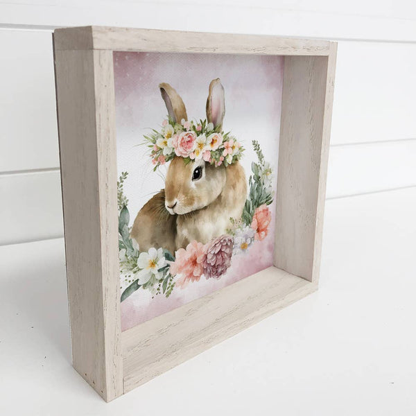Bunny Pink Flower Wreath - Spring Time Bunny - Wood Framed