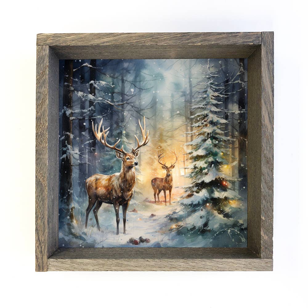 Reindeer and Christmas Tree - Christmas Canvas Art - Framed