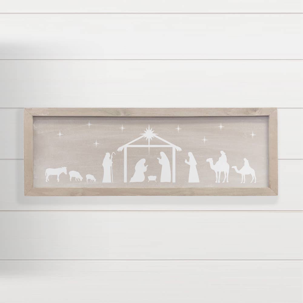 Beige Long Nativity Silhouette Wood Sign for Christmas