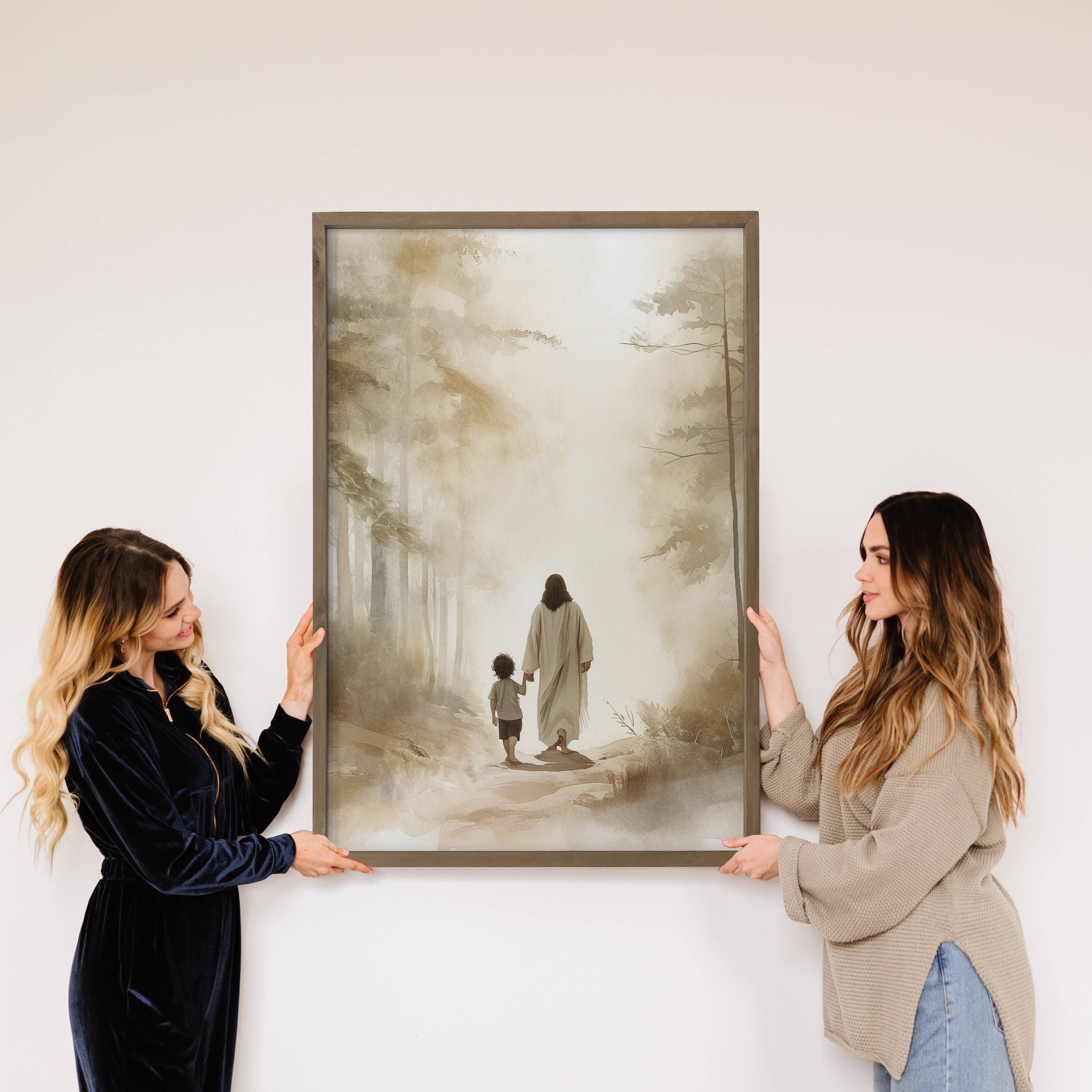 Jesus Walking with Dark Haired Boy - Jesus Canvas Art