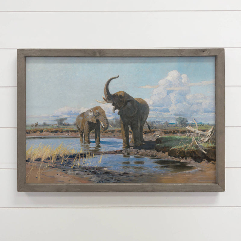 Elephants at a Waterhole - Safari Animal Canvas Art - Framed