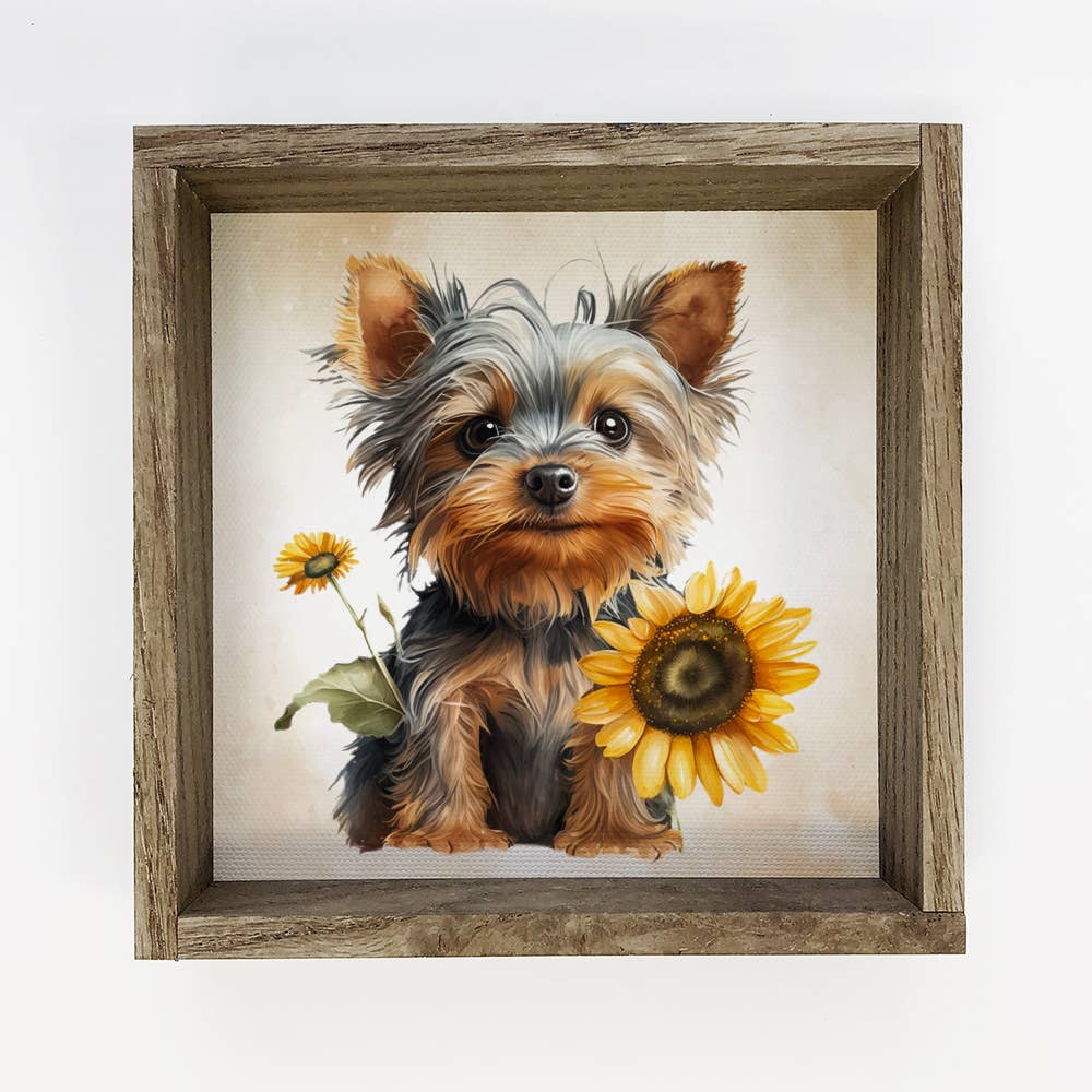 Sunflower Yorkie - Cute Puppies and Flowers - Fall Wall Art