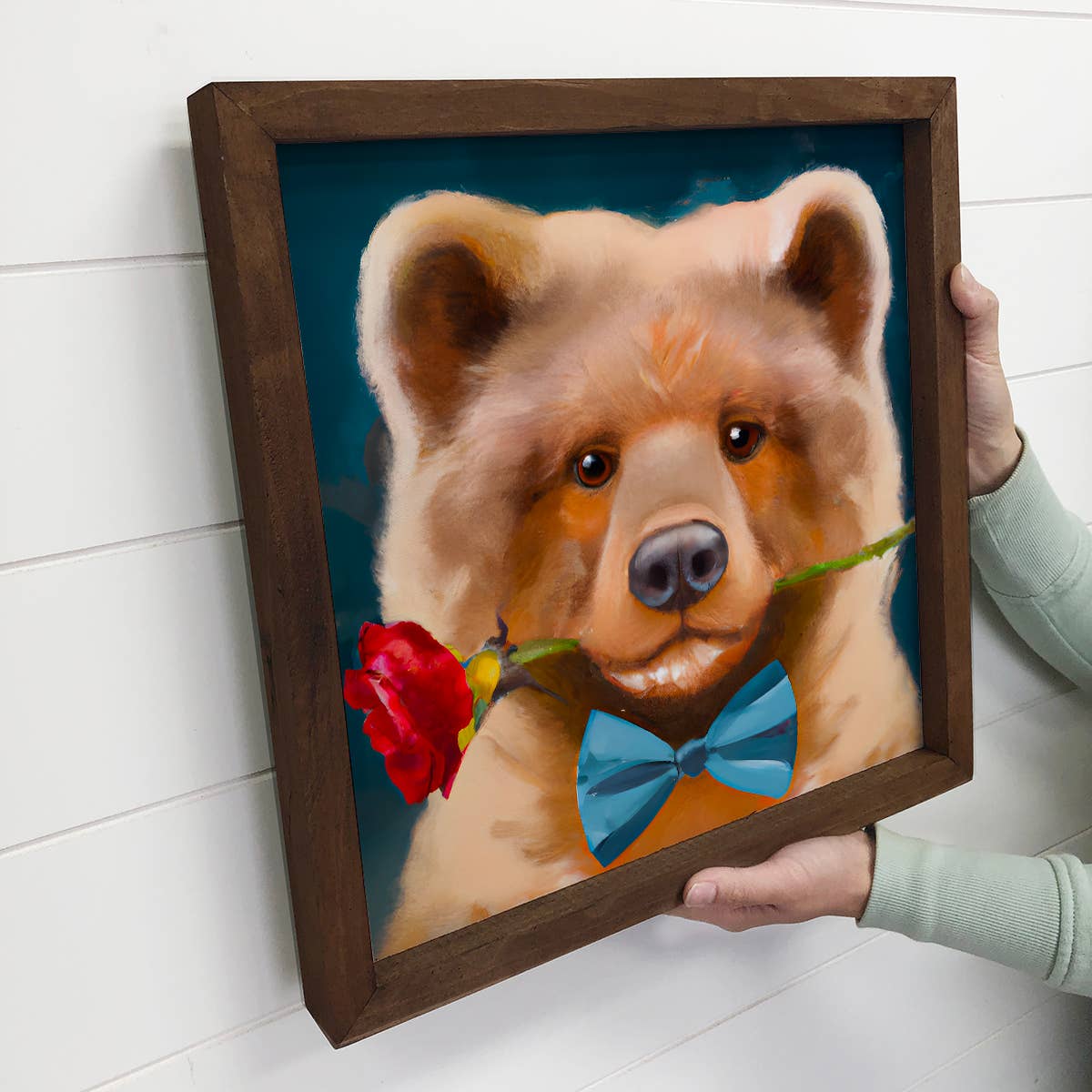 Valentines Day Wood Sign - Bear with A Bowtie & Red Rose