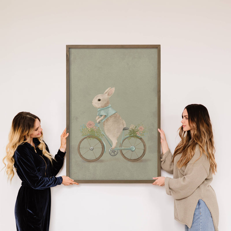 Bunny on a Bicycle - Vintage Animal Canvas Art & Wood Frame
