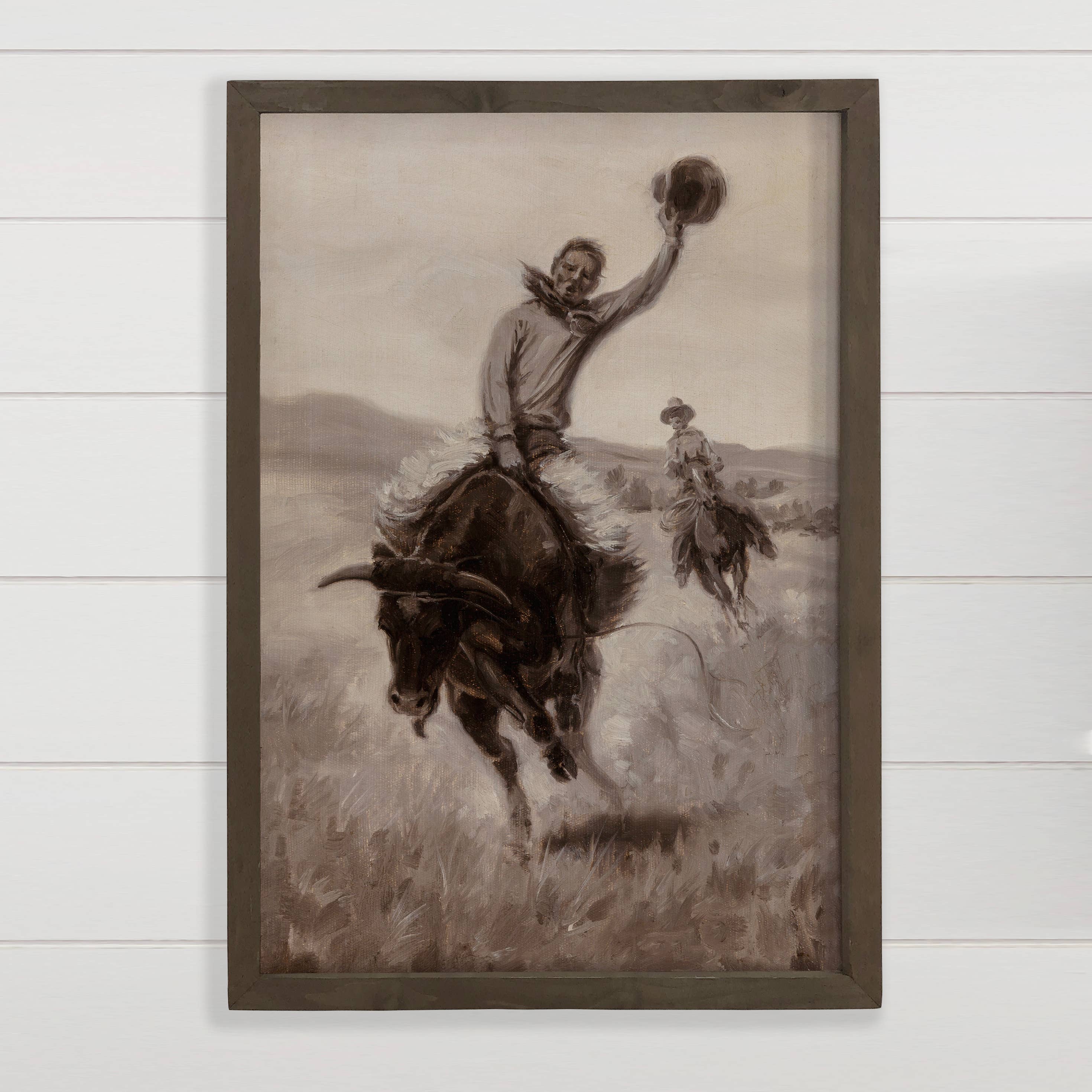 Riding a Bull - Cowboy Canvas Art - Wood Framed Wall Art