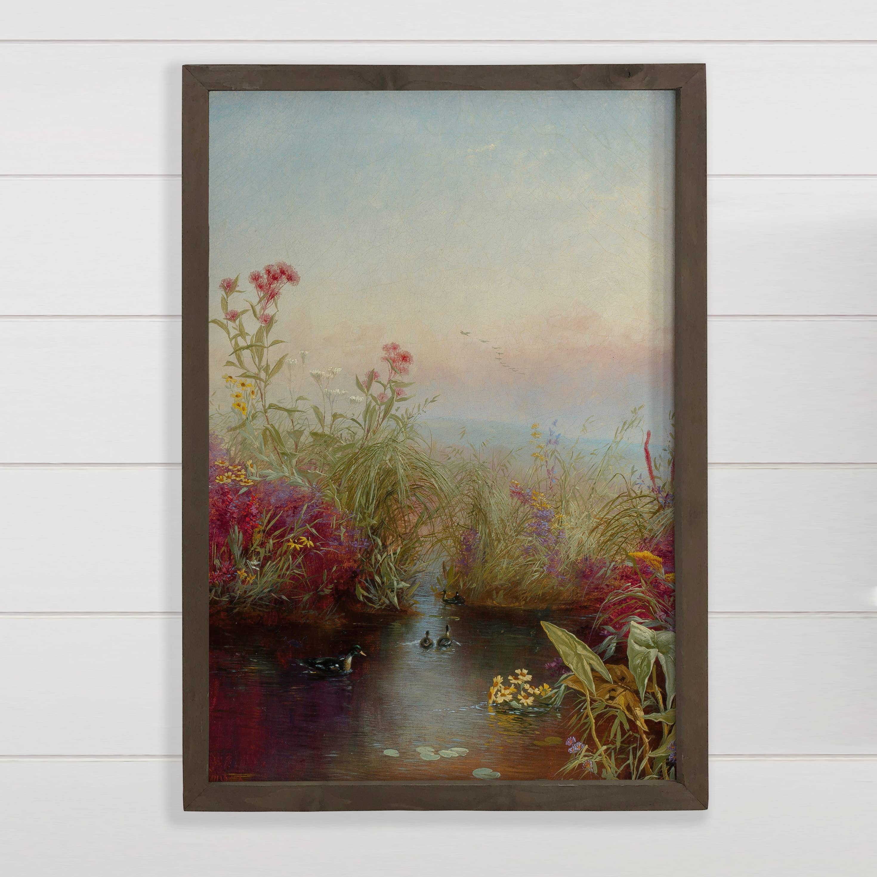 Blooming River Flowers - River Landscape Canvas Art - Framed