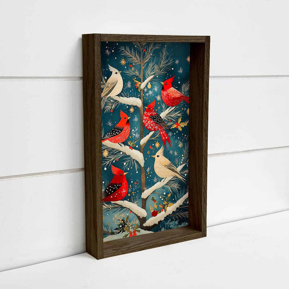 Cardinals in Tree - Winter Birds Painting - Wood Framed Art