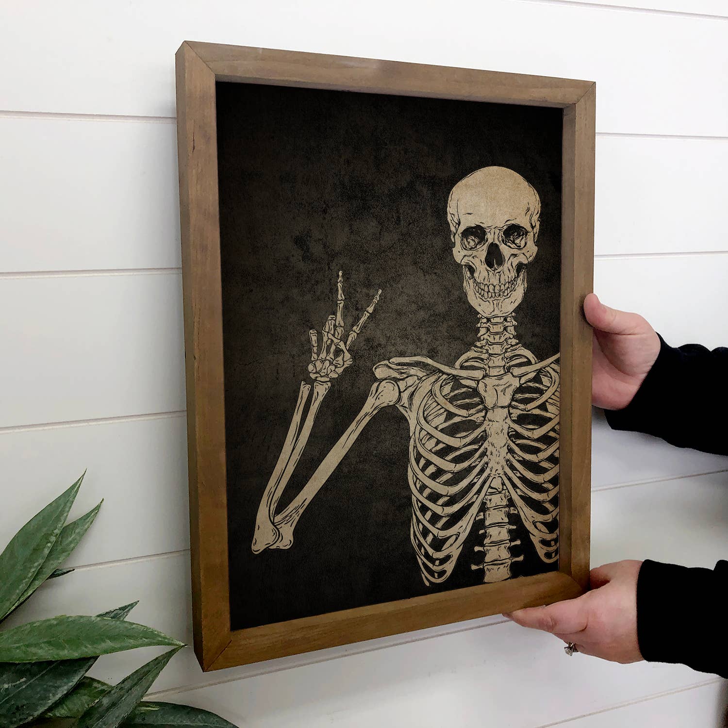 Skeleton Peace Hand Sign - Skeleton Canvas Art - Framed Art