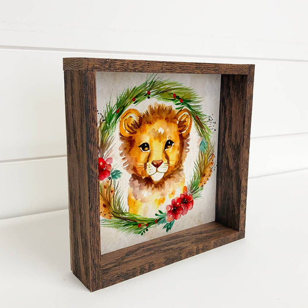 Christmas Wreath Lion - Cute Holiday Animal - Wood Frame Art