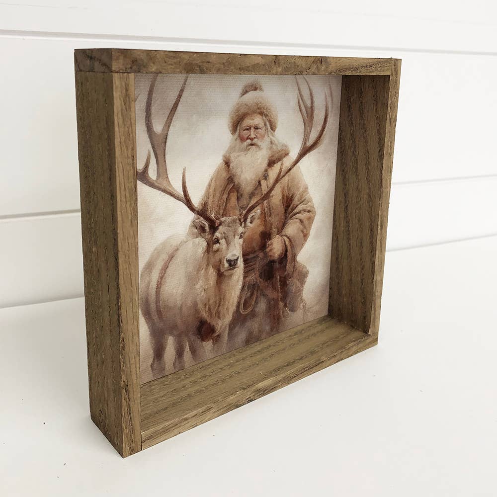 Vintage Santa & Reindeer - Rustic Holiday Canvas Art