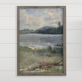 Blue Lakeside Watercolor - Wood Framed Nature Canvas Art