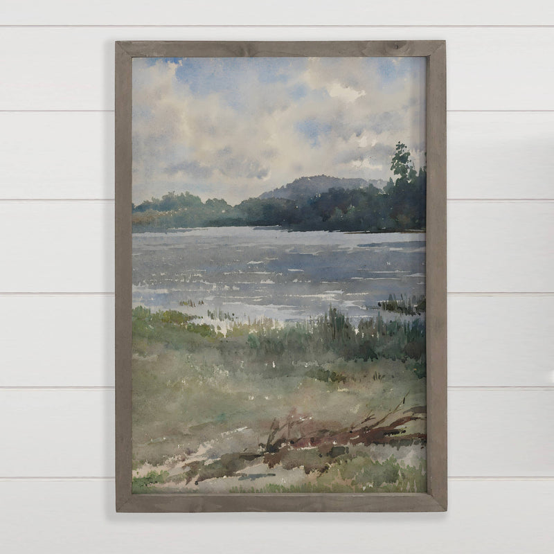 Blue Lakeside Watercolor - Wood Framed Nature Canvas Art