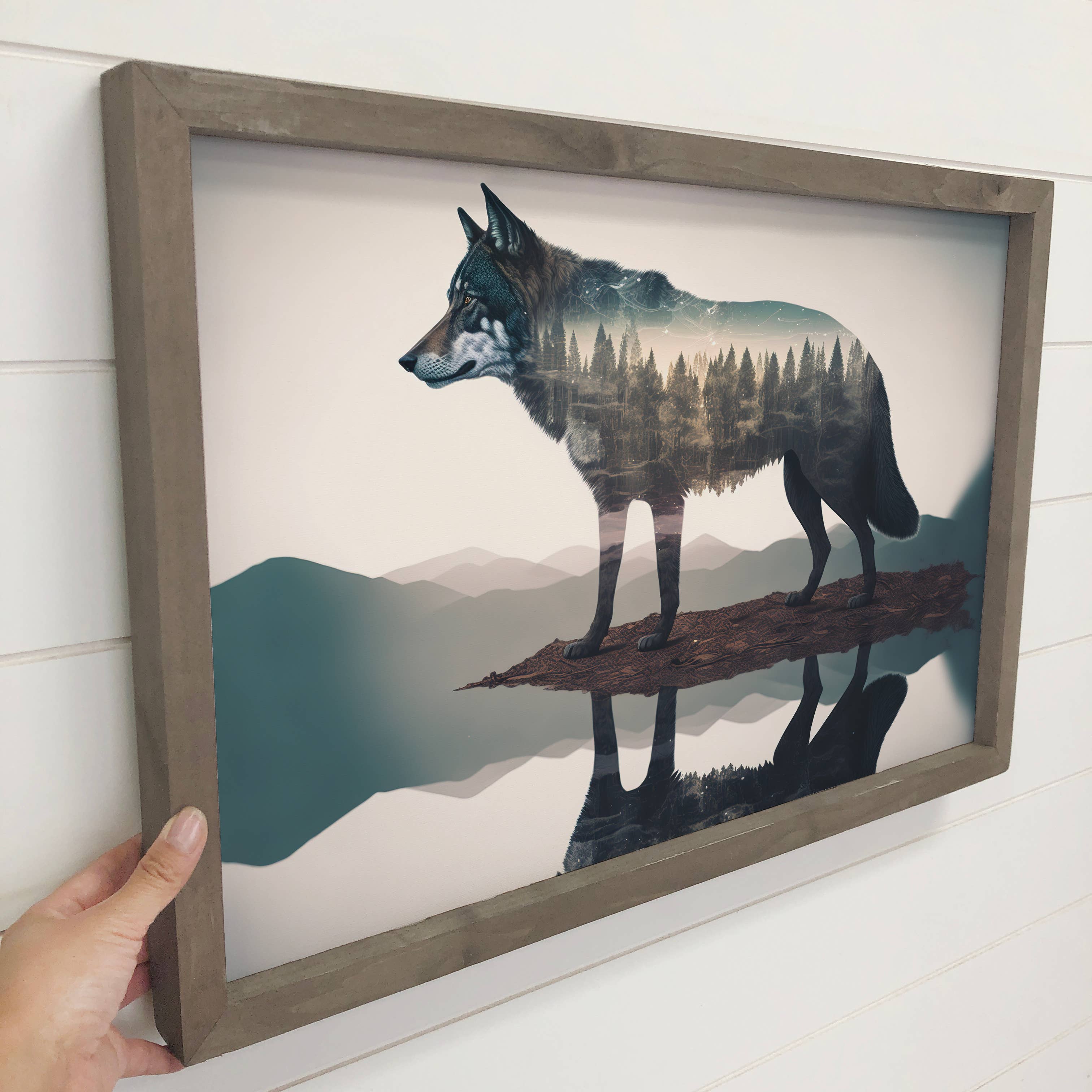 Wolf Trees Double Exposure -Wood Framed Wildlife Canvas Art