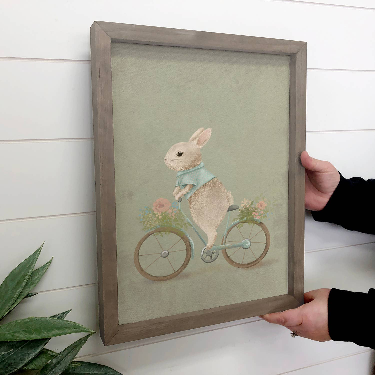 Bunny on a Bicycle - Vintage Animal Canvas Art & Wood Frame